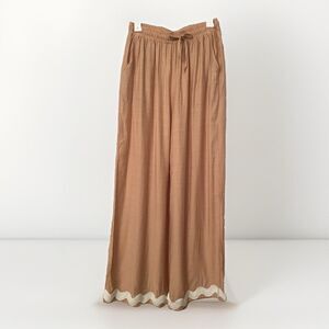 Beige Tan Rick Rack bottom Wide Leg Pants Cotton Linen Made In California Sz L